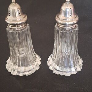 Vintage Large Crystal Glass Salt & Pepper Hakers With Silver Tops 6" T